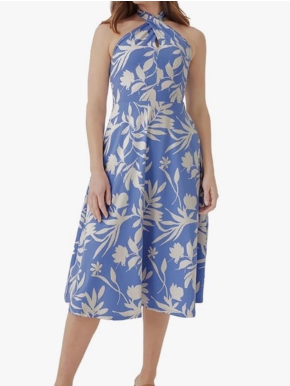 Pact Organic Cotton Fit & Flare Modern Halter Midi Dress Blue White Floral Sz M